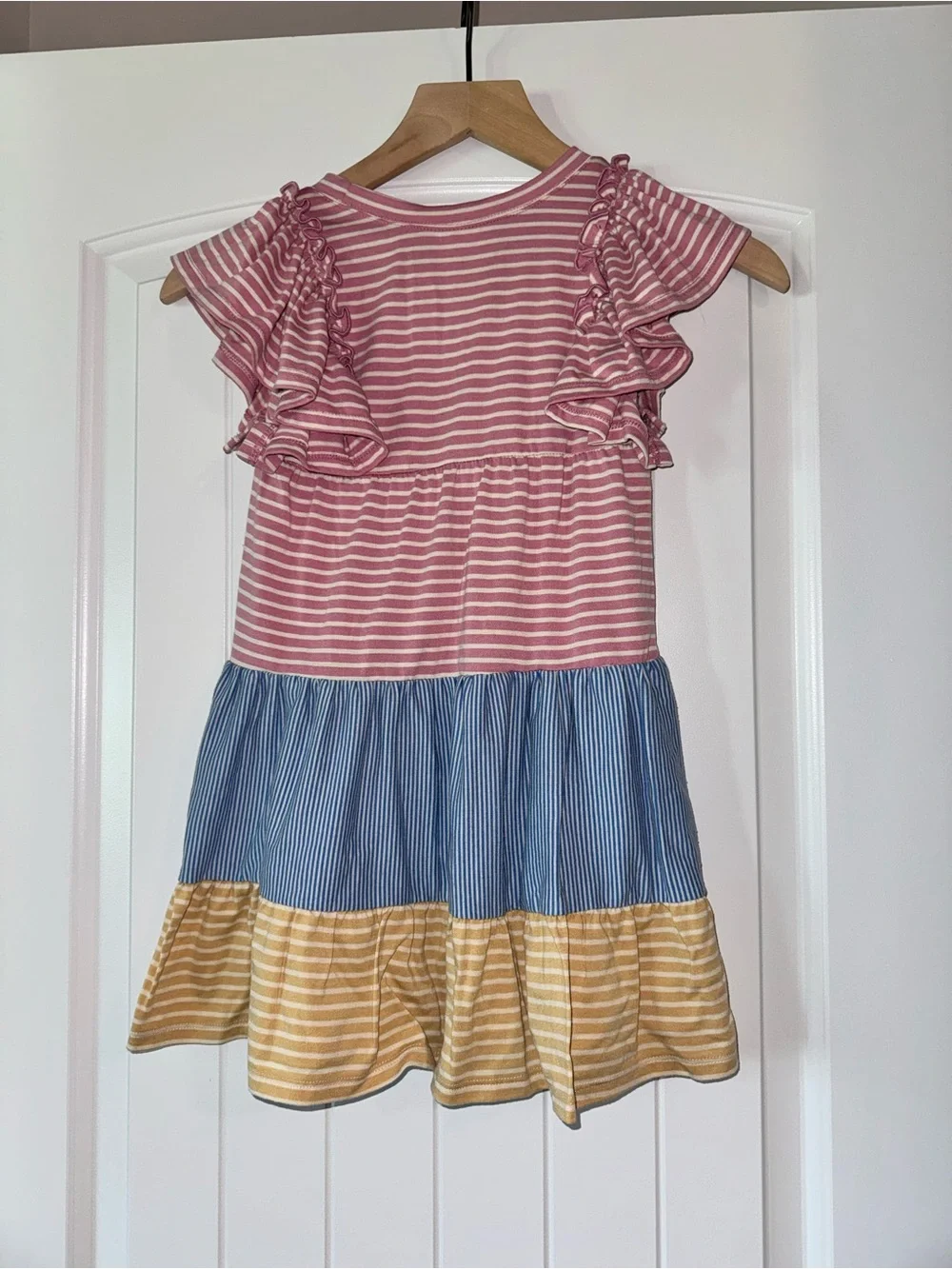 Girls' Pink, Blue & Yellow Tiered Stripe Dress